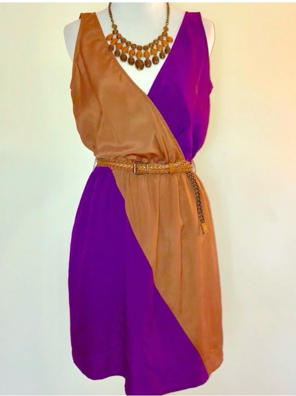 Colorblock Purple and Brown Sleeveless Dress